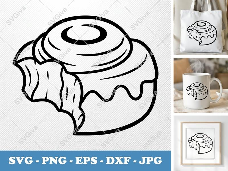 Cinnamon Bun SVG | Modern Outline Design, Bitten Pastry | PNG EPS DXF for Cricut, Silhouette | Sweet Treat Cut File