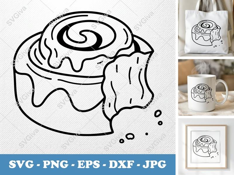 Cinnamon Bun SVG | Modern Outline Design, Bitten Treat | PNG EPS DXF for Cricut & Silhouette | Bakery Food Clip Art