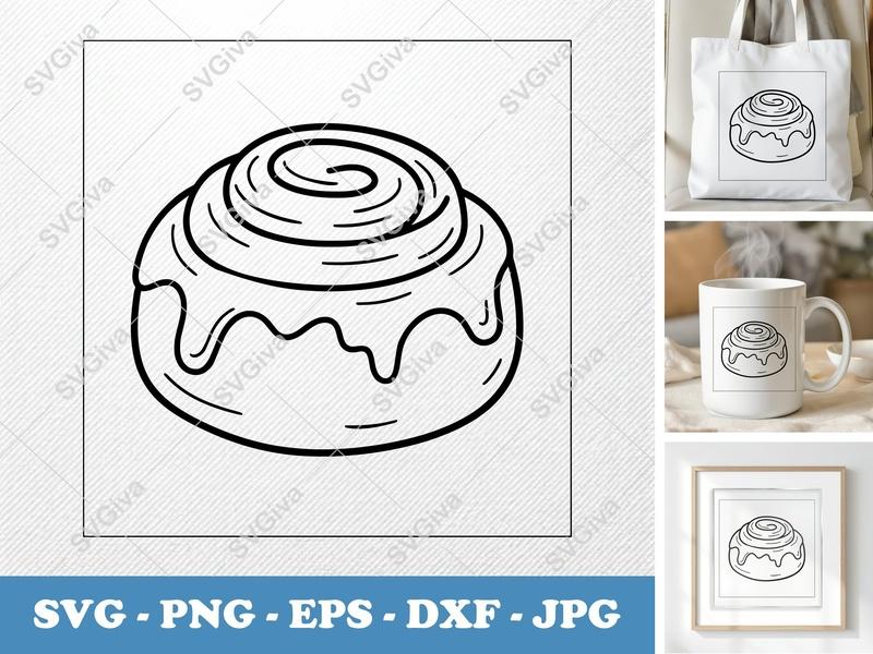 Cinnamon Bun SVG | Modern Sweet Roll Clipart with Icing | PNG EPS DXF for Cricut & Silhouette | Bakery Food Cut File