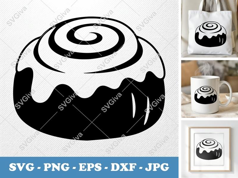 Cinnamon Bun SVG | Modern Sweet Roll with Icing | PNG EPS DXF for Cricut & Silhouette | Bakery Food Clipart Cut File