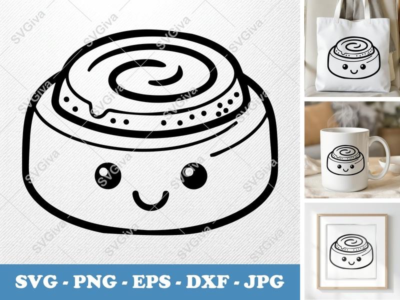 Cinnamon Roll SVG Kawaii | Cute Face Food Clipart | Modern Dessert PNG EPS DXF | Cricut Silhouette File