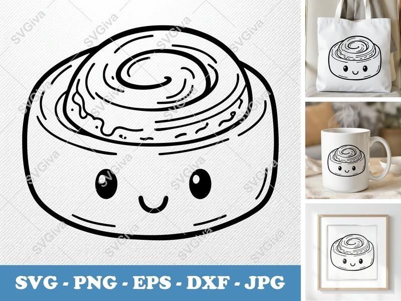 Cinnamon Roll SVG | Kawaii Cute Food Clipart, Outline Design | PNG EPS DXF for Cricut, Silhouette, Cutting Machine