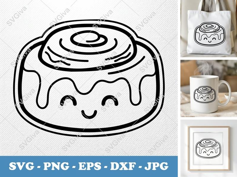 Cinnamon Roll SVG | Kawaii Cute Food Clipart, Outline Vector Art for Cricut & Silhouette | PNG EPS DXF Cut File