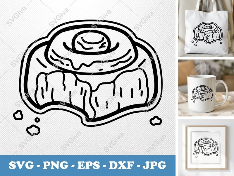 Cinnamon Roll SVG | Outline Design, Icing Drip, Bite Taken | PNG EPS DXF for Cricut, Silhouette | Food Clip Art