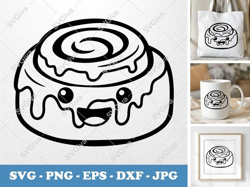 Cinnamon Roll with Smiling Face SVG PNG DXF EPS | Kawaii Food Cut File Cricut Silhouette