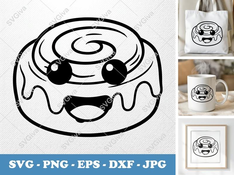 Cinnamon Roll with Smiling Face SVG PNG DXF EPS | Kawaii Food Cut File for Cricut Silhouette