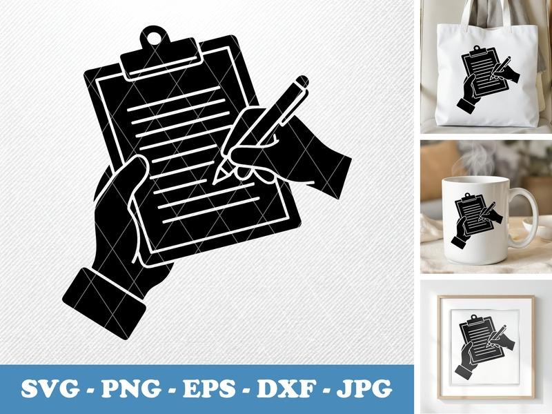 Clipboard in active use SVG | Hands Writing Pen on Paper | Office Icon Clipart | Cricut Silhouette | PNG EPS DXF