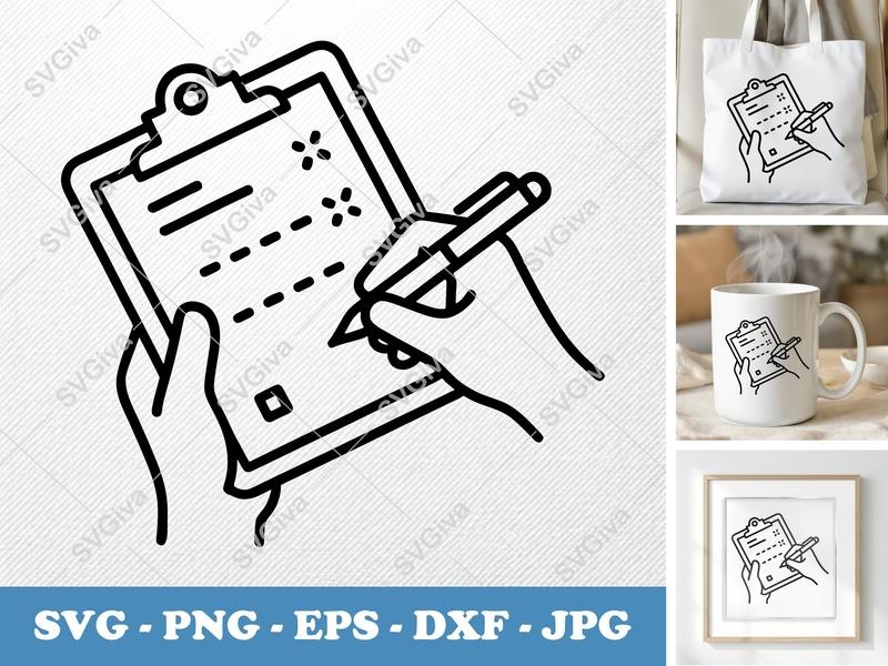 Clipboard in active use SVG | Minimal Hand Writing | Checklist PNG EPS DXF for Cricut, Silhouette