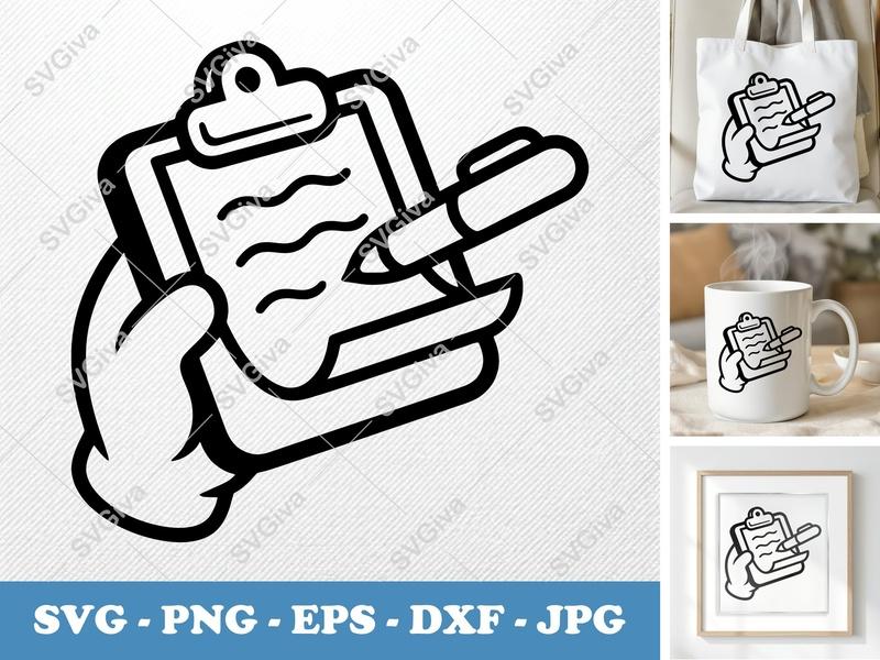 Clipboard in active use SVG | Puffy Writing Icon | PNG DXF EPS for Cricut & Silhouette | Hand with Pen | Soft Shape Clipart