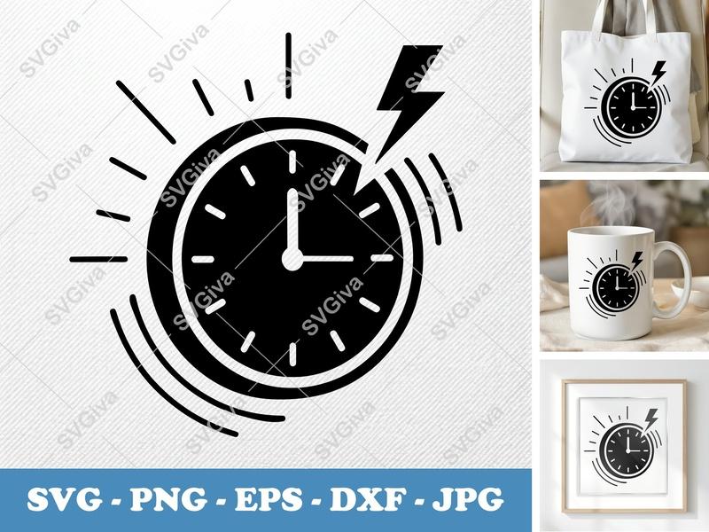 Clock SVG | Modern Alarm Icon with Lightning Bolt | PNG EPS DXF for Cricut & Silhouette, Digital Time Cut File