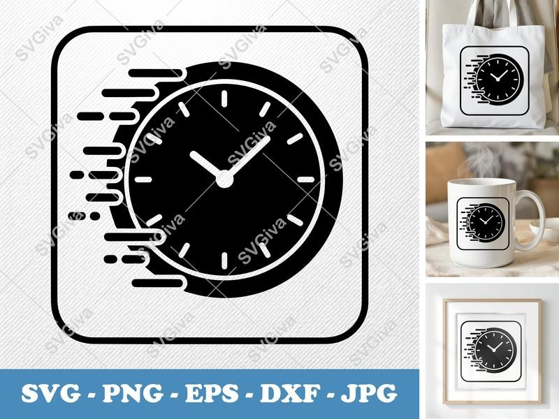 Clock SVG, Modern Time Flying Design, Speedy Clock PNG EPS DXF for Cricut & Silhouette, Productivity Icon