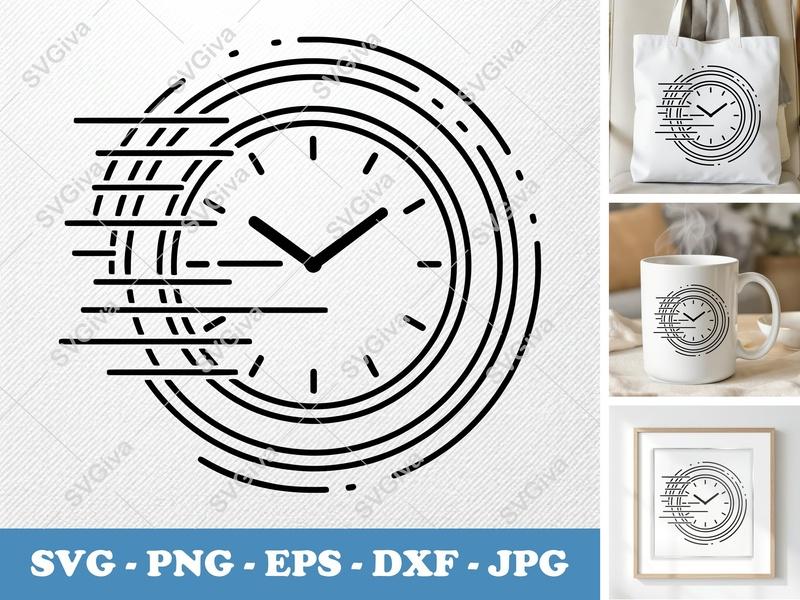 Clock SVG | Modern Time Icon, Speed Lines | PNG EPS DXF for Cricut Silhouette | Fast Deadline Design