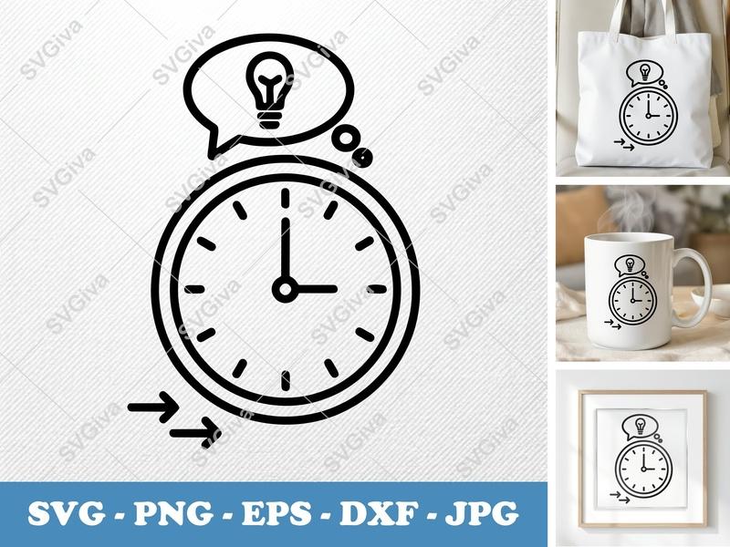 Clock SVG | Modern Time Idea Cut File, Productivity Icon | PNG EPS DXF for Cricut, Silhouette, Business