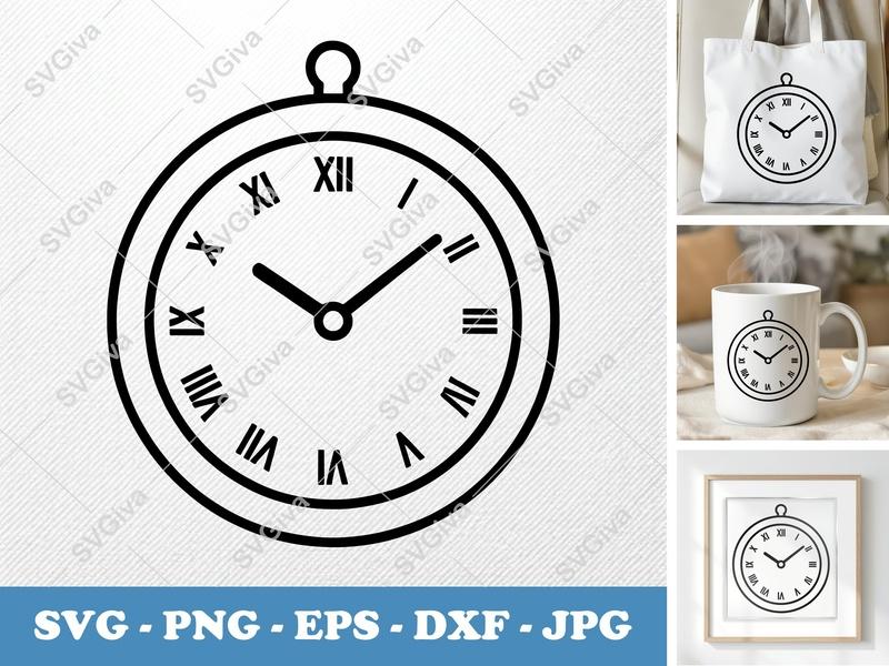 Clock SVG | Roman Numerals Timepiece | PNG EPS DXF | Cricut Silhouette Cut File | Modern Clean Design