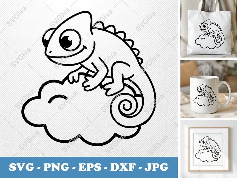 Cloud Chameleon SVG, PNG, DXF, EPS | Cute Animal Cricut & Silhouette Cut File for Crafts