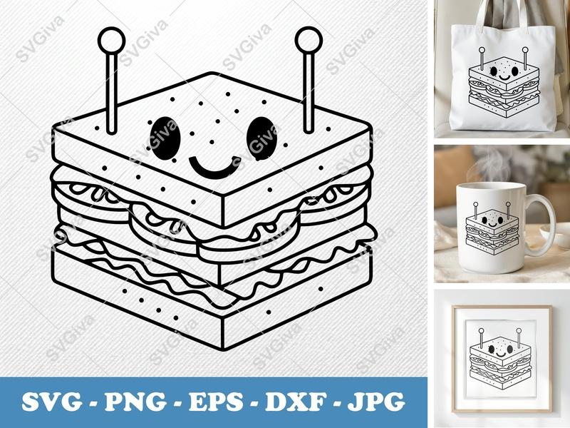 Club Sandwich Kawaii SVG | Cute Food Outline PNG EPS DXF | Cricut Silhouette Cut File | Snack Digital Download