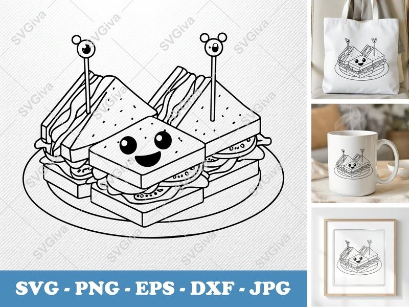 Club Sandwich SVG | Cartoon Food Cut File | Happy Sandwich PNG EPS DXF for Cricut Silhouette