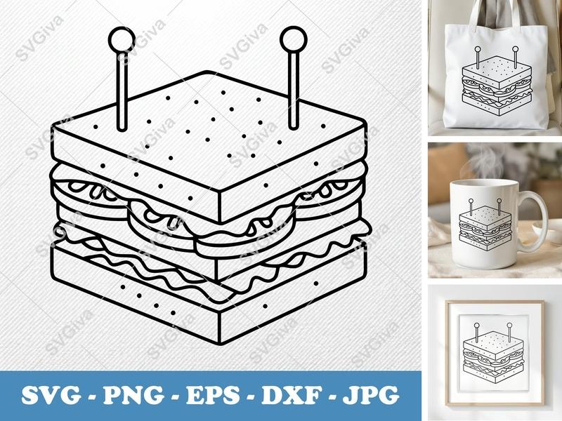 Club Sandwich SVG | Fresh Minimalist Food Cut File | Bold Contour PNG DXF EPS | Cricut Silhouette Kitchen Decor