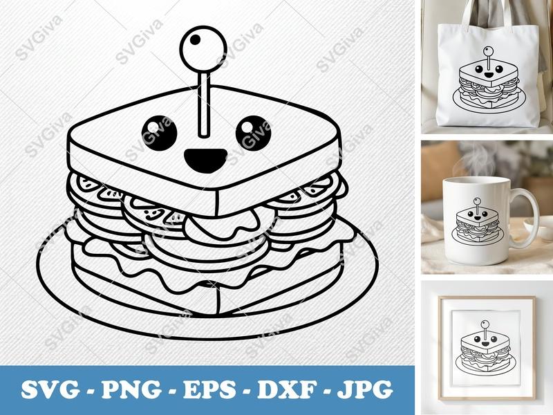 Club Sandwich SVG, Kawaii Food Cut File, Cute Toasted Sandwich PNG EPS DXF for Cricut, Silhouette, Lunch Clipart