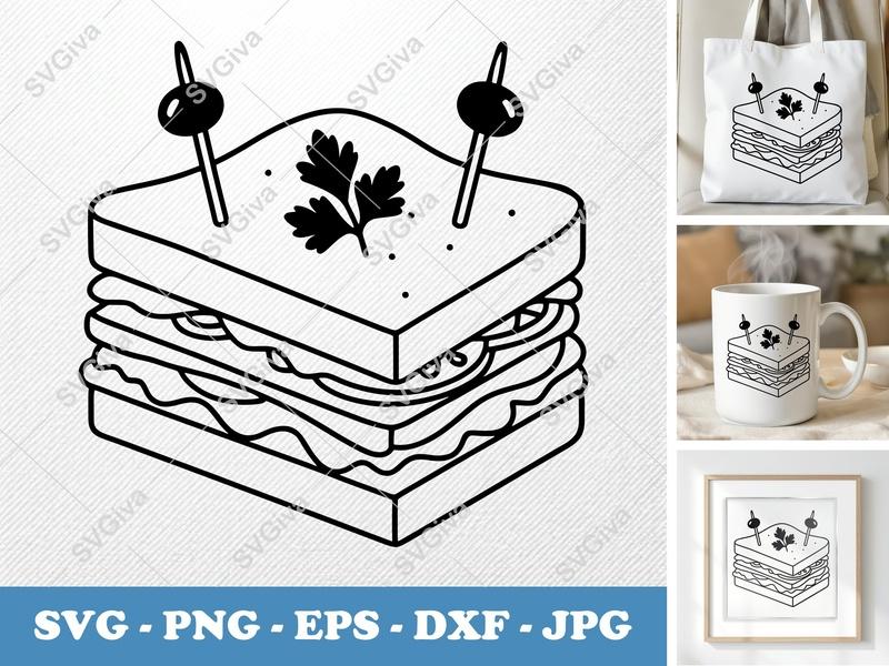 Club Sandwich SVG, Modern Clean Food Cut File, PNG EPS DXF for Cricut | Silhouette, Kitchen Decor Clipart