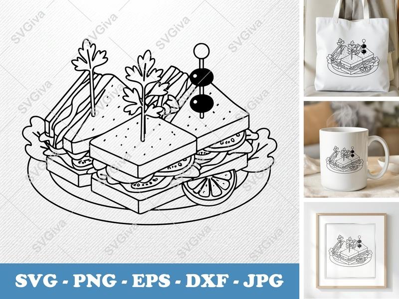 Club Sandwich SVG, Modern Clean Food Cut File, PNG EPS DXF for Cricut Silhouette, Kitchen Deli Design, Snack Vector Art