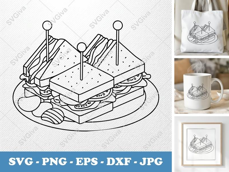 Club Sandwich SVG, Modern Clean Line Art, Food Cut File for Cricut, Silhouette | PNG EPS DXF Vector Clipart