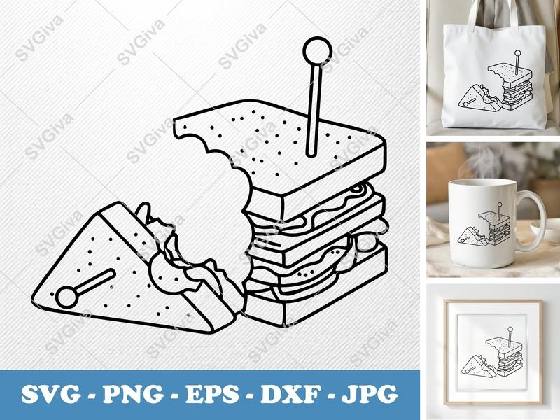 Club Sandwich SVG, Modern Outline Bite Mark, Food Clipart Cut File | PNG EPS DXF for Cricut Silhouette