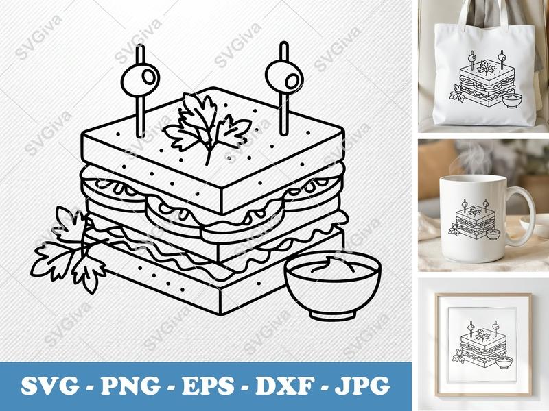 Club Sandwich with garnish SVG | Minimalist Bold Contour Cut File | PNG DXF EPS | Cricut Silhouette Kitchen Food