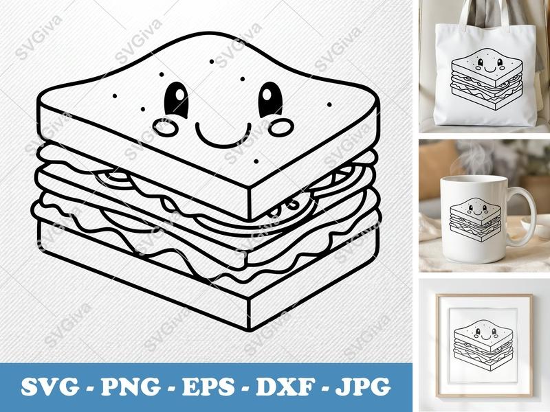 Club Sandwich with Smiling Face SVG PNG DXF EPS | Kawaii Food Cut File for Cricut Silhouette