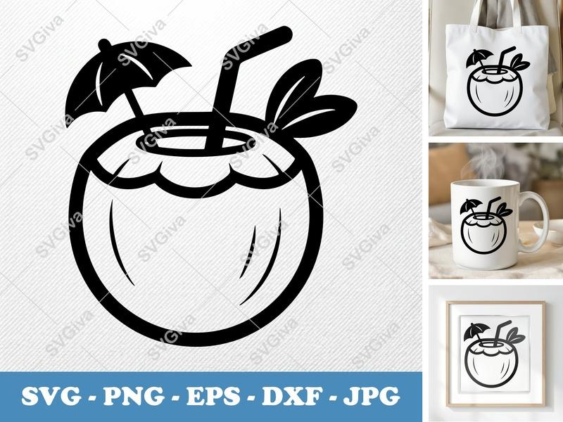 Coconut Drink SVG | Modern Summer Cocktail PNG EPS DXF | Cricut Silhouette Cut File | Tropical Beverage Clipart