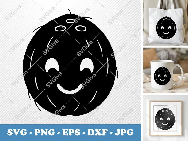 Coconut SVG Cut File, Cute Happy Face Tropical Fruit PNG EPS DXF for Cricut, Silhouette, Vacation, Summer Craft