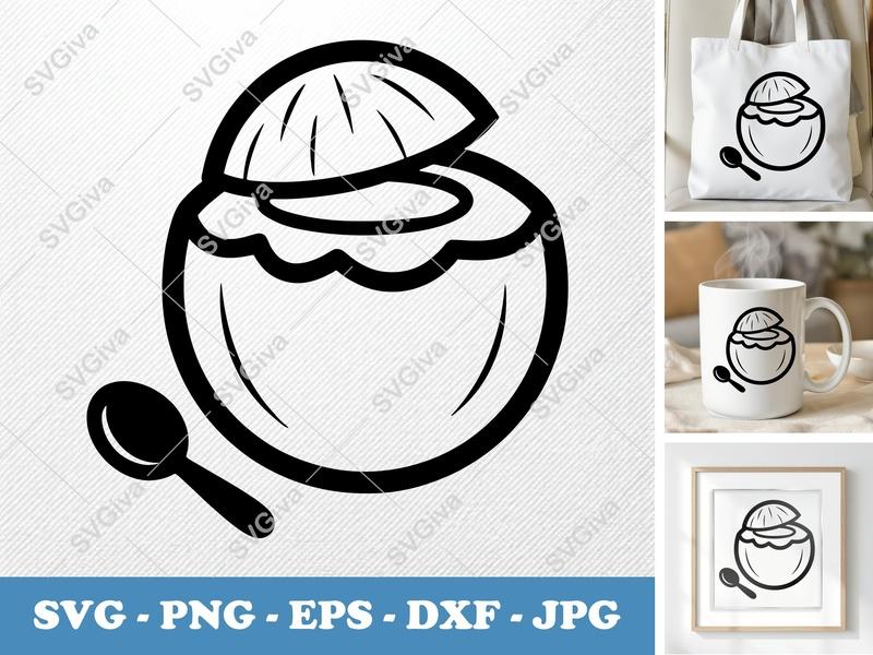 Coconut SVG Cut File | Modern Open Coconut with Spoon | PNG EPS DXF for Cricut & Silhouette | Tropical Fruit Clipart