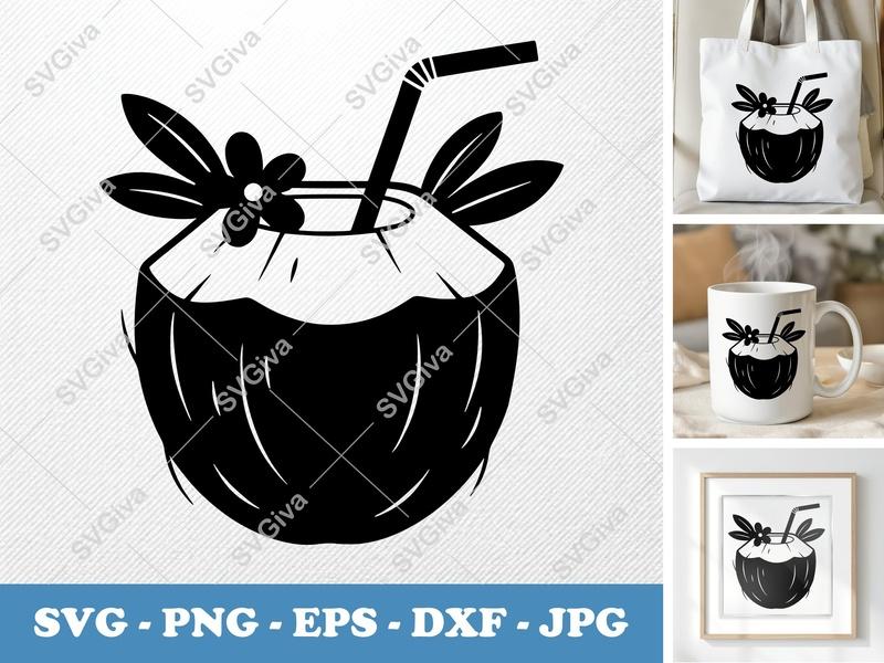 Coconut SVG Cut File, Tropical Drink with Straw & Flower | PNG EPS DXF | Cricut Silhouette Vector Clipart
