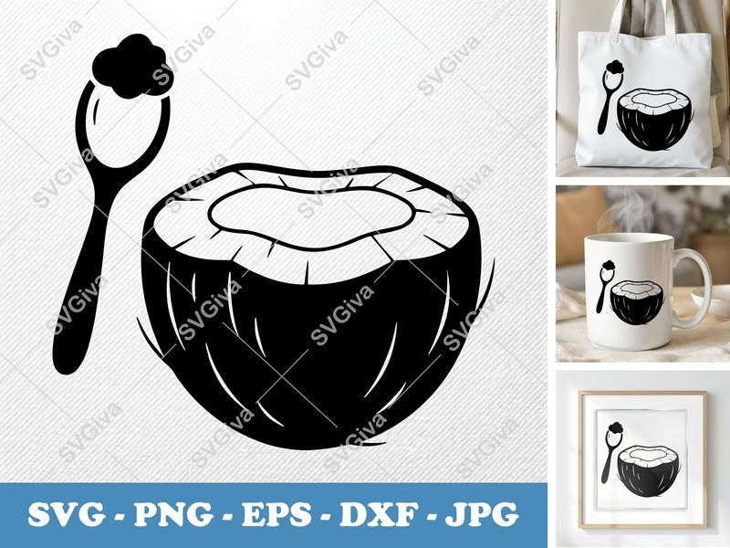 Coconut SVG | Modern Half Coconut with Spoon | PNG EPS DXF for Cricut & Silhouette | Tropical Fruit Cut File