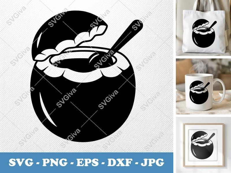 Coconut SVG | Modern Whole Coconut with Spoon | PNG EPS DXF Cut File for Cricut, Silhouette | Tropical Fruit Clipart