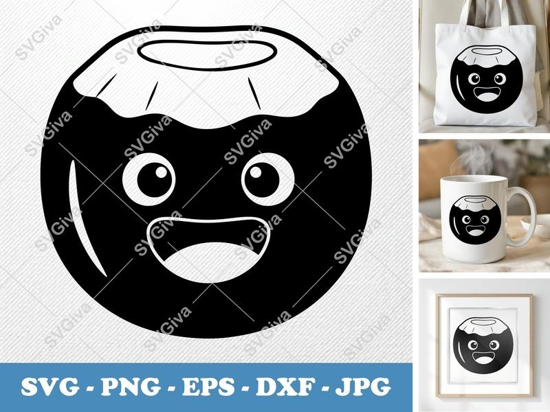 Coconut with Smiling Face SVG | Puffy Cartoon Design | PNG DXF EPS | Cricut Silhouette File