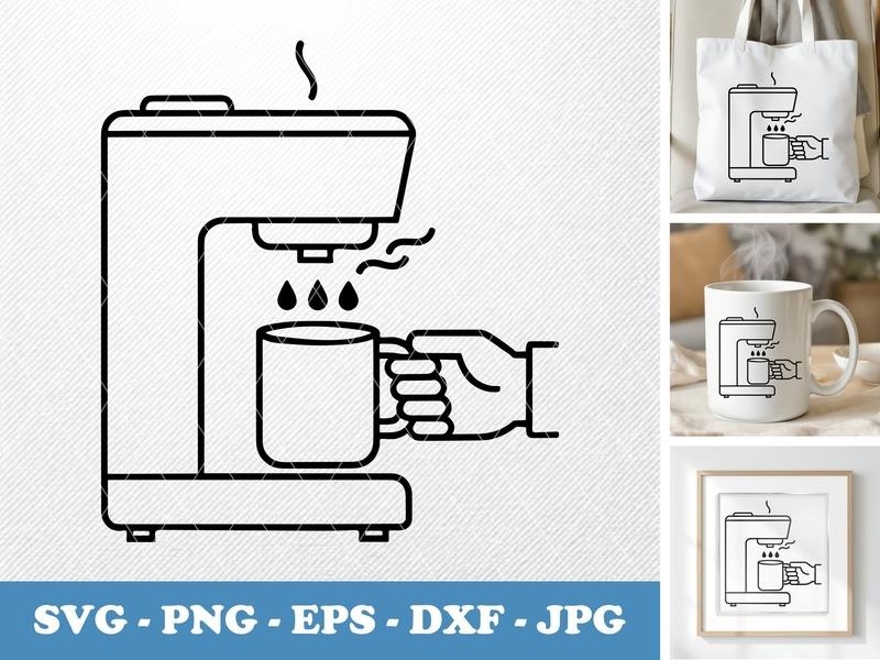 Coffee Maker in active use SVG, Coffee Brewing Machine, Hand Holding Mug | PNG EPS DXF | Cricut Silhouette File