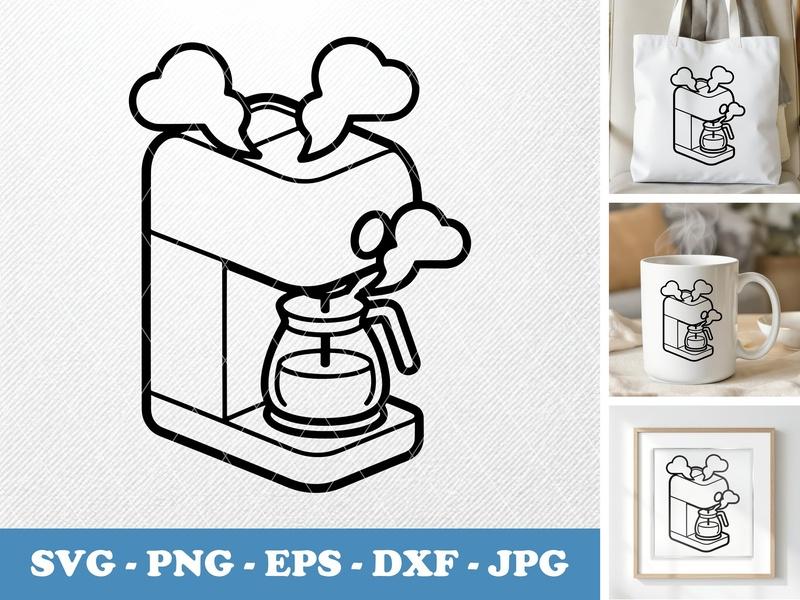 Coffee Maker in active use SVG | Steaming Coffee Pot Clipart, Rounded Design PNG EPS DXF for Cricut, Silhouette