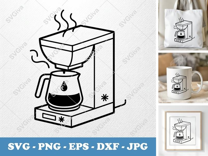 Coffee Maker in active use SVG | Steaming Coffee Pot | Double Outline | PNG DXF EPS | Cricut Silhouette File