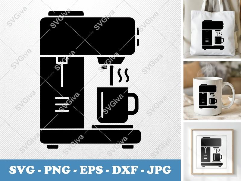Coffee Maker SVG | Modern Clean Design, Steaming Mug | PNG, EPS, DXF | Cricut, Silhouette Cut File