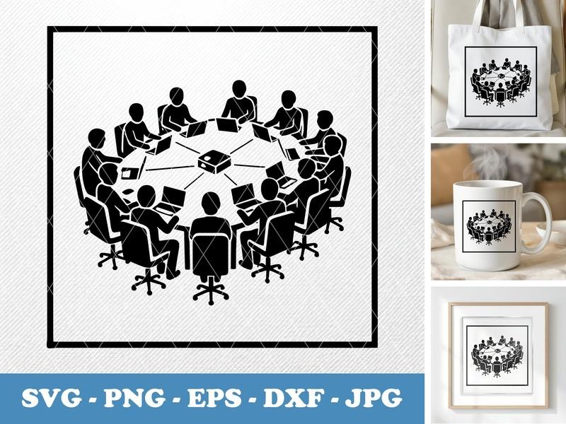Conference Table in active use SVG | Meeting Room Icon, People with Laptops | PNG EPS DXF for Cricut Silhouette
