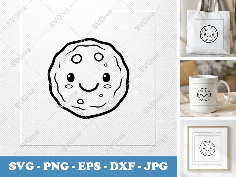 Cookie SVG, Kawaii Chocolate Chip Cookie Face, Cute Dessert Cut File for Cricut, Silhouette | PNG EPS DXF Vector