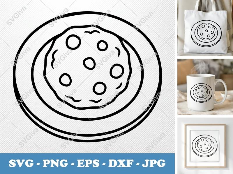 Cookie SVG, Modern Chocolate Chip Cookie on Plate, Food Clipart, PNG EPS DXF for Cricut & Silhouette, Sweet Treat Vector