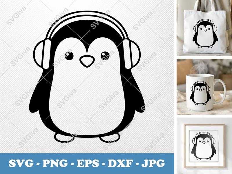 Cool Penguin Headphone SVG | Cute Animal Clipart for Cricut & Silhouette | PNG, DXF, EPS Files