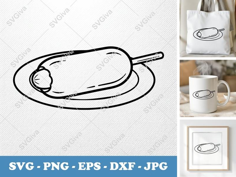 Corn Dog on a Plate SVG PNG DXF EPS | Food Cut File Cricut Silhouette | Kitchen Vector Design