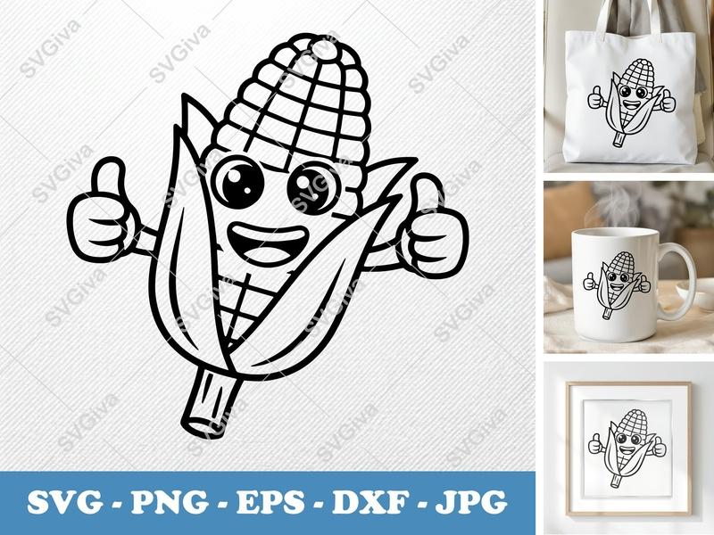 Corn SVG | Cartoon Kawaii Character with Thumbs Up | PNG EPS DXF | Cricut Silhouette Cut File | Cute Vegetable Food