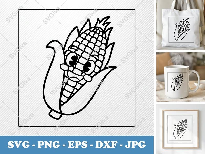 Corn SVG Cute Cartoon, Kawaii Corn on the Cob, Maize SVG PNG EPS DXF for Cricut Silhouette