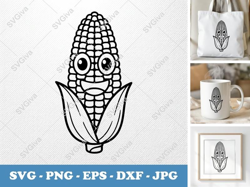 Corn SVG Kawaii Happy Face, Cartoon Character, Outline Art | PNG EPS DXF | Cricut Silhouette Cut File, Vegetable Clipart