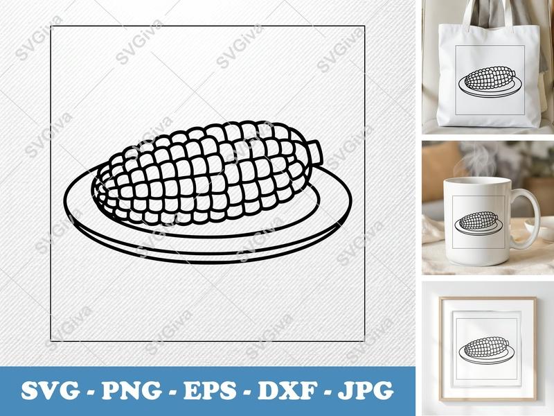 Corn SVG | On a Plate, Modern Outline Design | PNG EPS DXF | Cricut & Silhouette Cut File | Simple Kitchen Food Vector