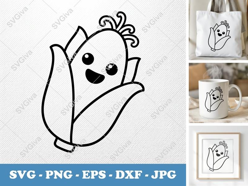 Corn with Smiling Face SVG PNG DXF EPS | Cute Vegetable Cut File for Cricut Silhouette